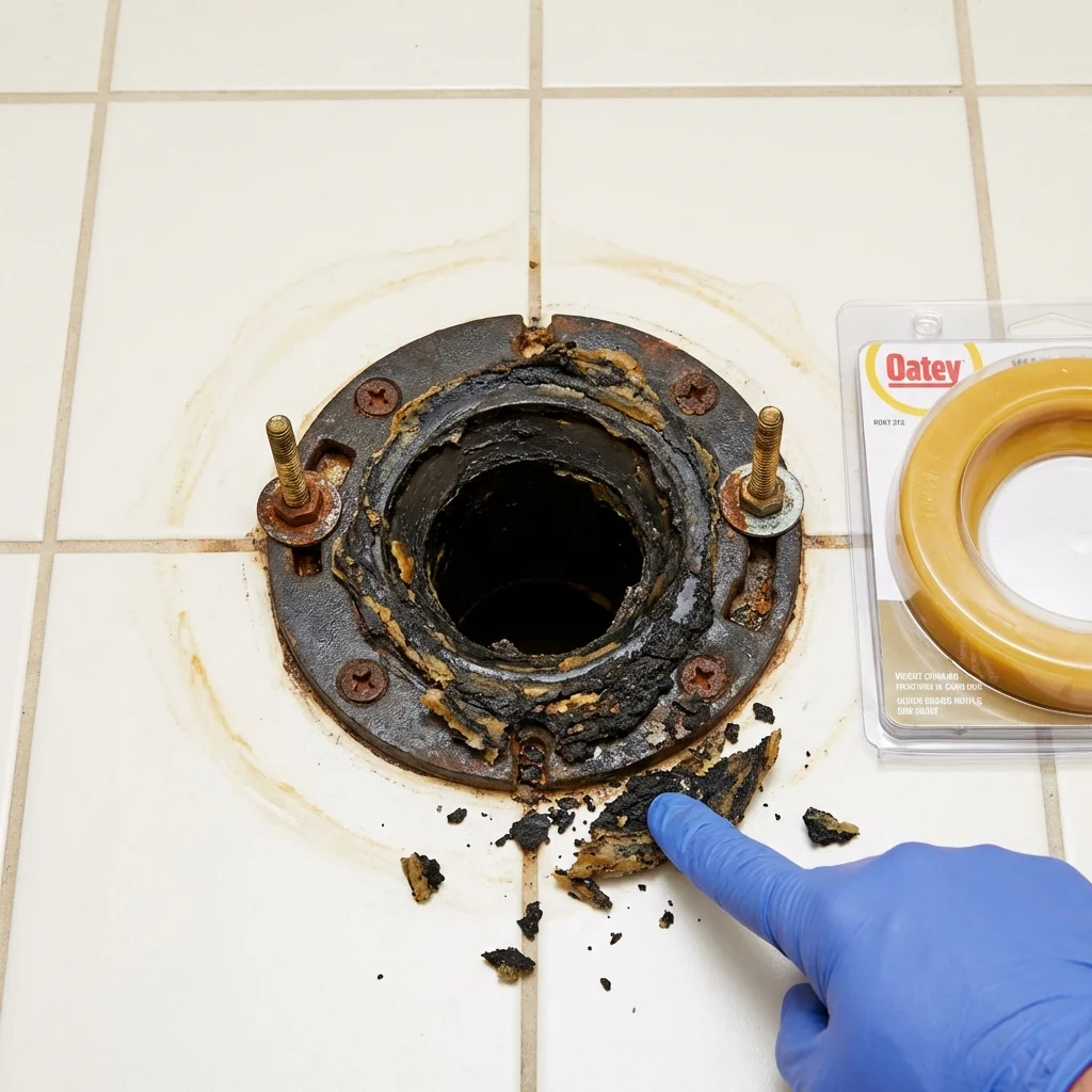 Failed wax ring showing water seepage at the base of a toilet in a Ipswich, SD home