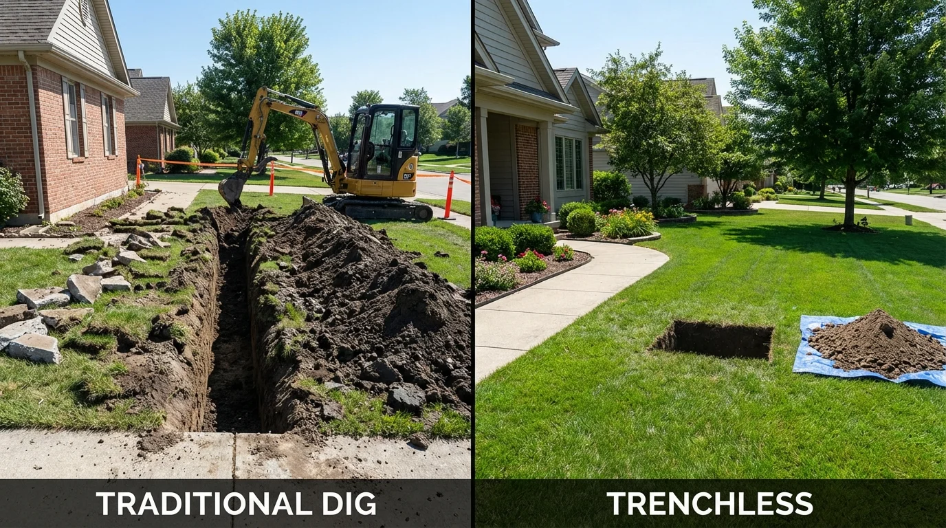 Trenchless sewer repair with minimal yard damage versus traditional excavation in Ipswich, SD