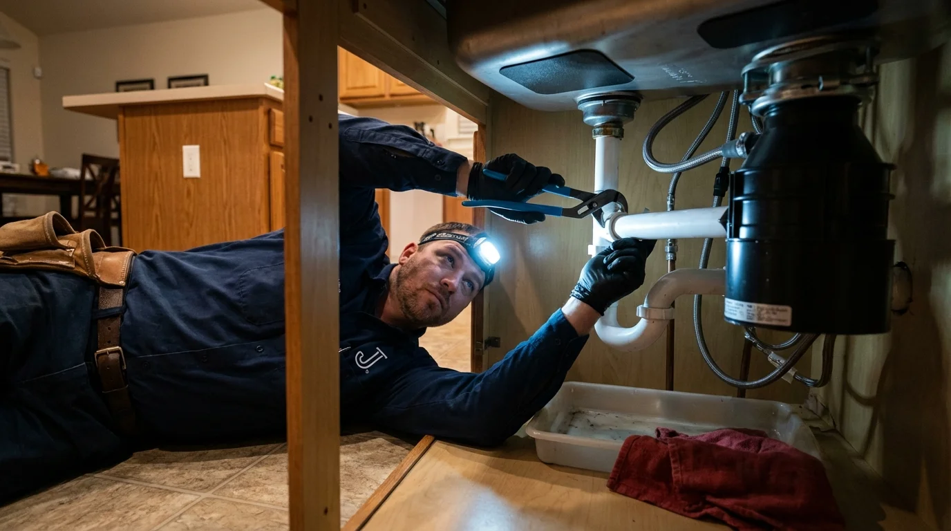 P-trap and supply line connections under a kitchen sink showing a common leak point in Ipswich, SD